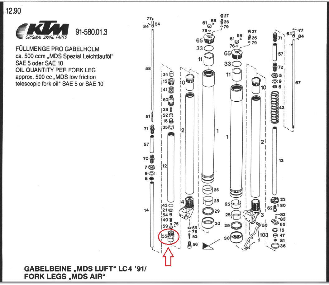 OEM KTM 90-91 500/600 LC4 MX FRONT FORK PRESSURE DAMPER HOUSING 58001555000 - MotoRaider
