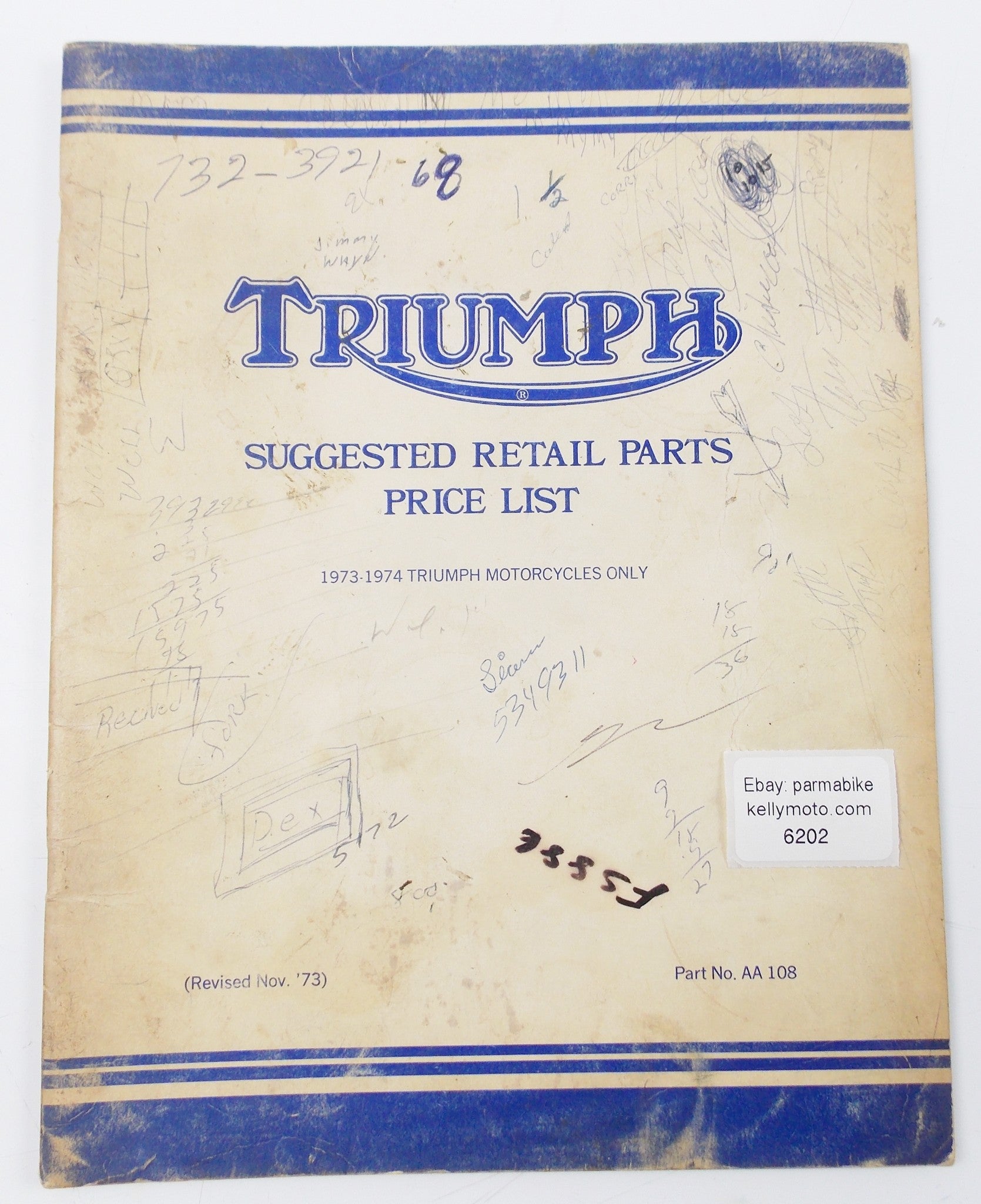 ORIGINALTRIUMPH ALL MODELS 1973-1974 SUGGESTED RETAIL PARTS PRICE LIST #  AA 108 - MotoRaider
