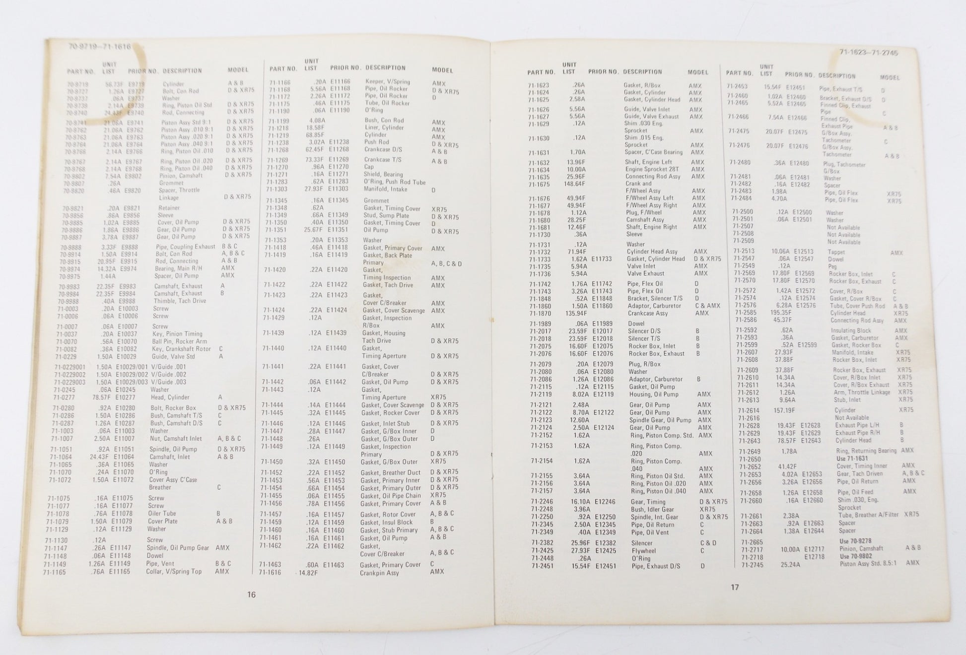 ORIGINALTRIUMPH ALL MODELS 1973-1974 SUGGESTED RETAIL PARTS PRICE LIST #  AA 108 - MotoRaider