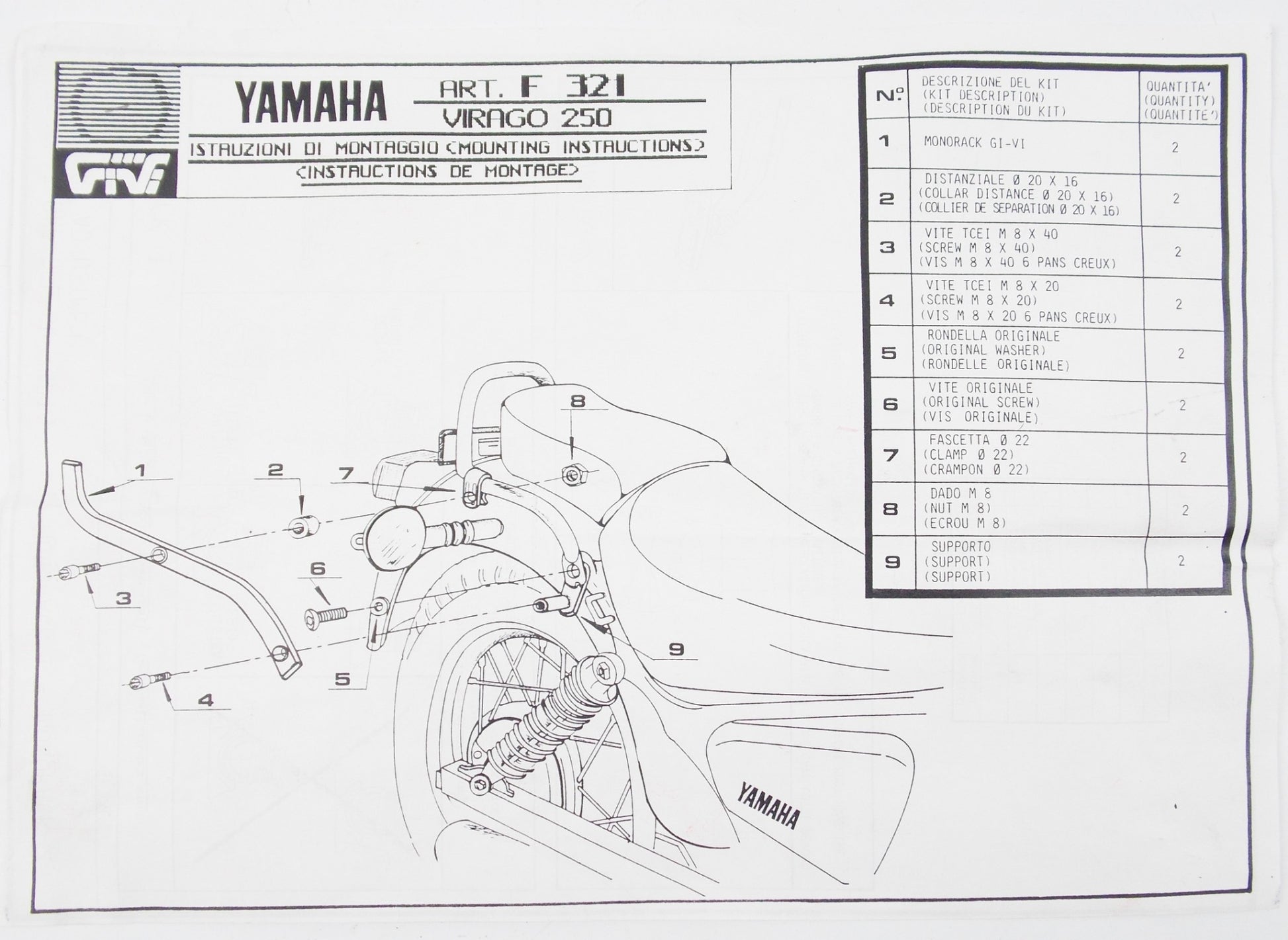 NOS GIVI YAMAHA XV 250 VIRAGO LUGGAGE CARRIER MONORACK MOUNT PLATE KIT ART F 321 - MotoRaider