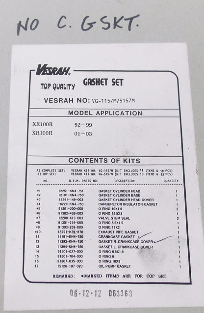 NOS VESRAH TOP END GASKET SEAL KIT HONDA 1992-1999 XR100R VG-1157M/5157M - MotoRaider