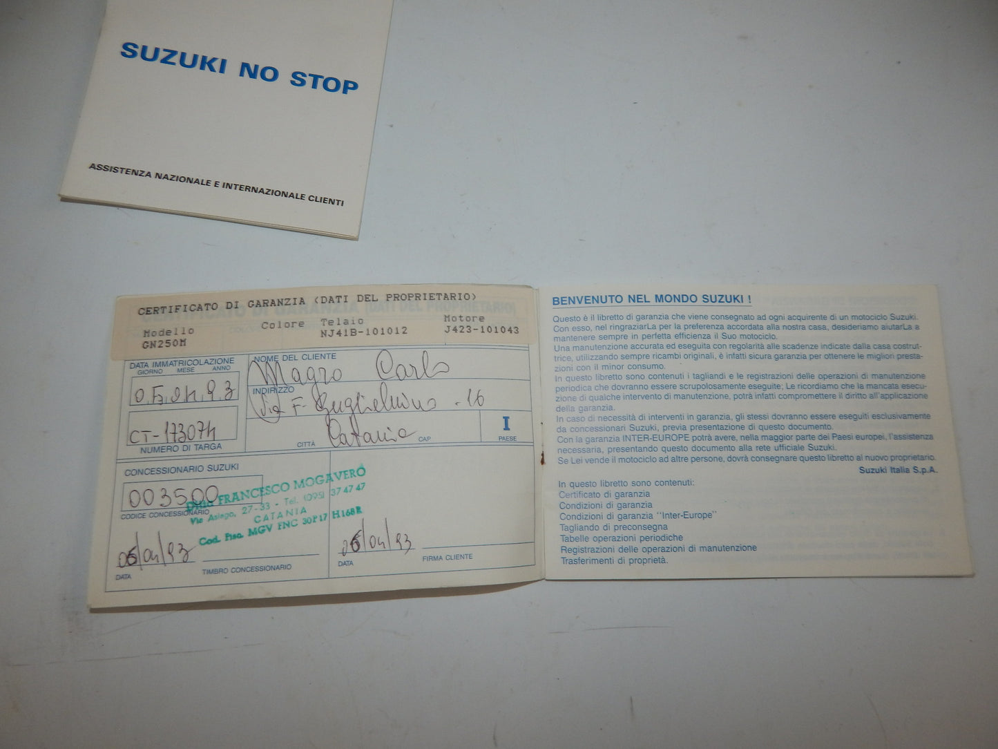 1990's SUZUKI GN250M WARRANTY BOOK ITALIAN VINTAGE MOTORCYCLE - MotoRaider
