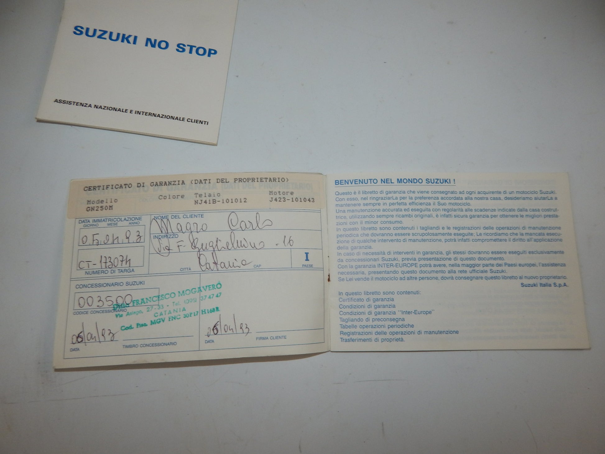 1990's SUZUKI GN250M WARRANTY BOOK ITALIAN VINTAGE MOTORCYCLE - MotoRaider