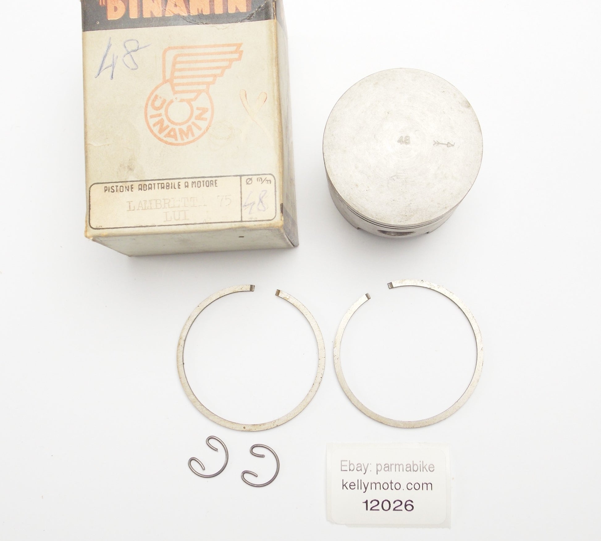 NOS DINAMIN PISTON + RINGS + PIN + CLIPS SET CPL. D 48 mm LAMBRETTA 75cc SCOOTER - MotoRaider
