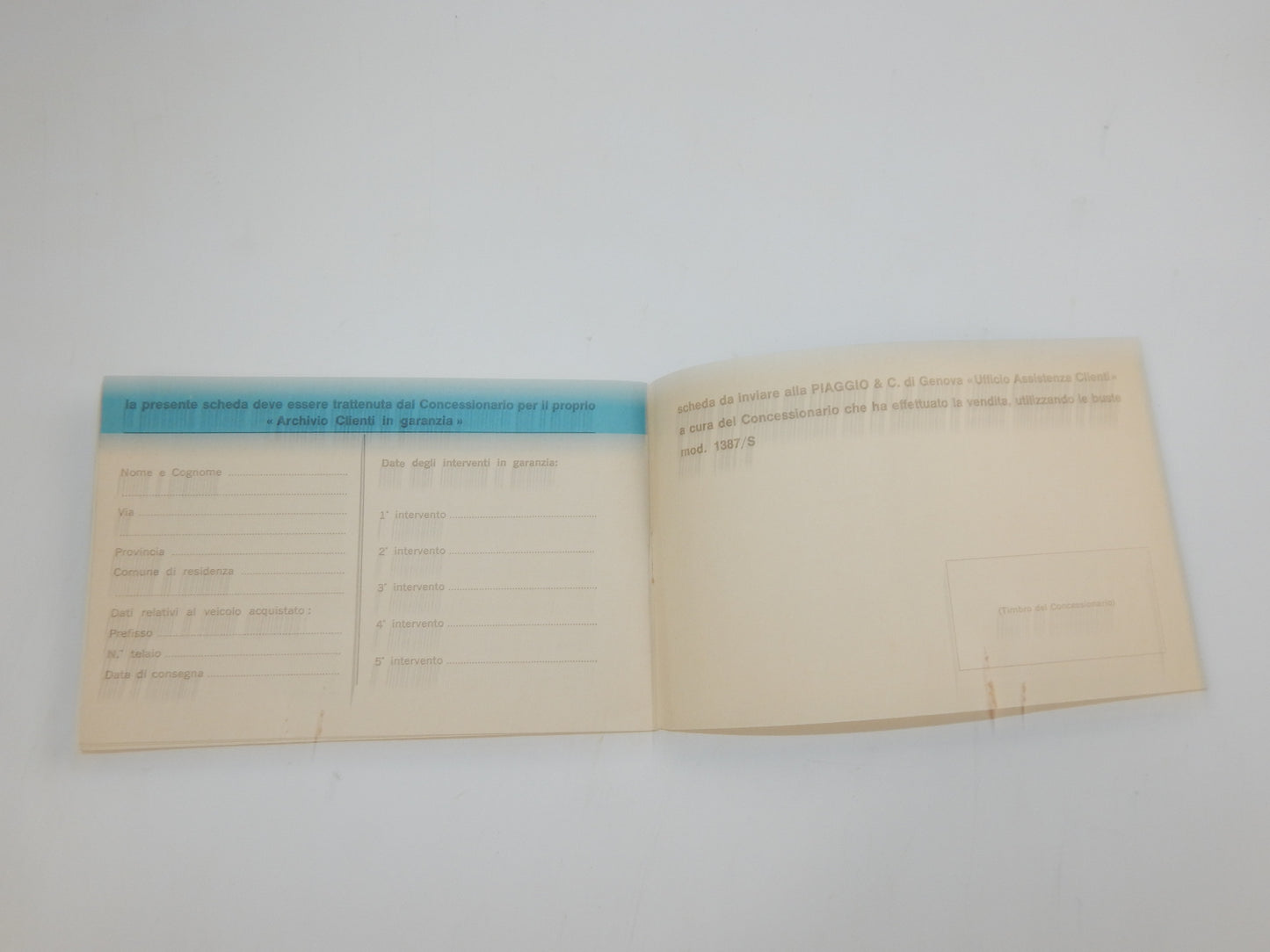 1980's PIAGGIO VESPA 50 WARRANTY BOOK ITALIAN VINTAGE SCOOTER - MotoRaider