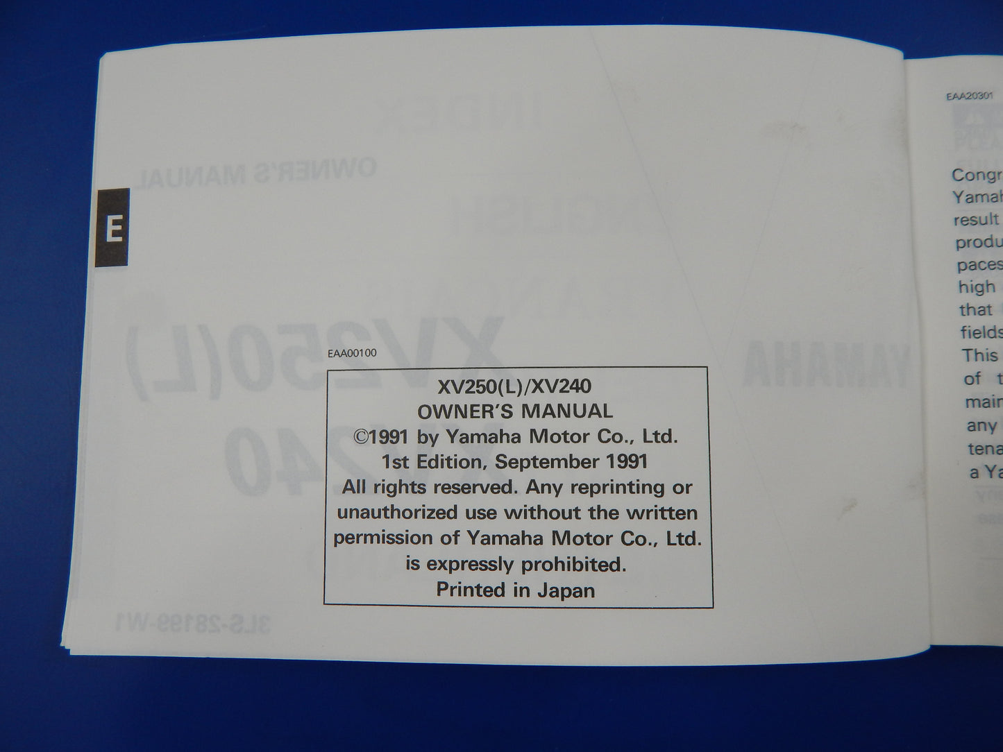 1991 YAMAHA XV240 XV250(L) USER OWNER MANUAL BOOK 3LS-28199-W1 MULTI LANGUAGE - MotoRaider