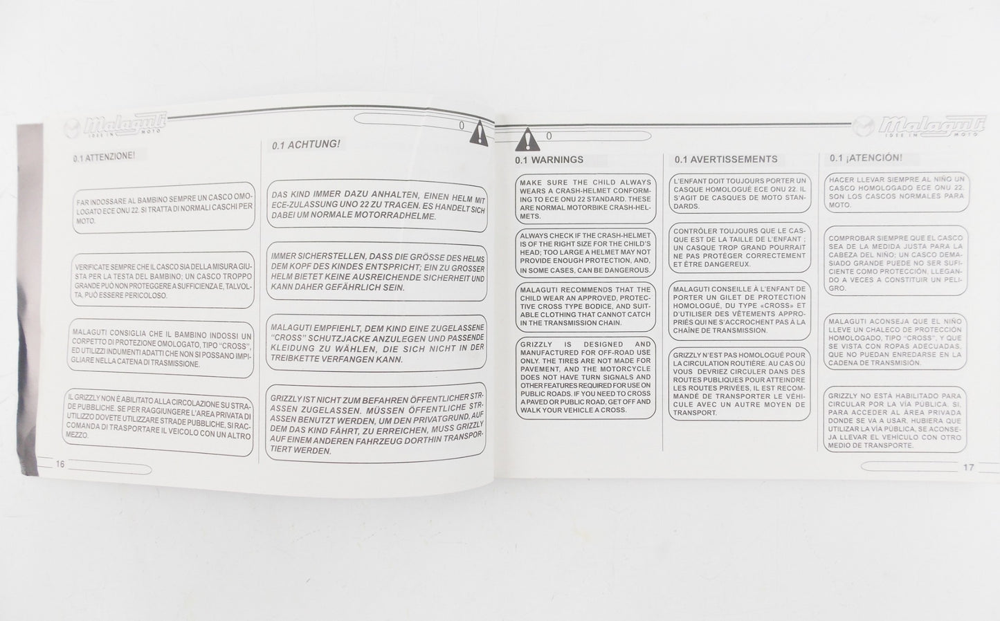 GRIZZLY MALAGUTI OWNER'S MANUAL USER BOOK ITALIAN GERMAN ENGLISH FRENCH SPANISH - MotoRaider