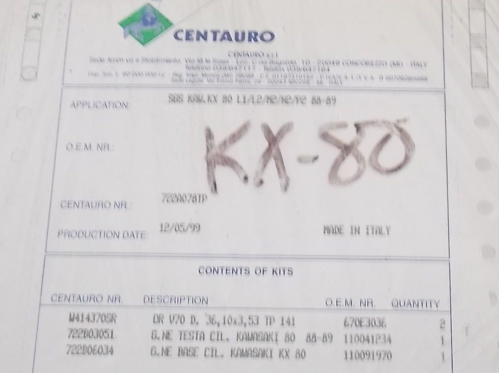 NEW CENTAURO TOP END GASKET KIT SEAL SET 1988 1989 KAWASAKI KX80 # 722A078TP - MotoRaider