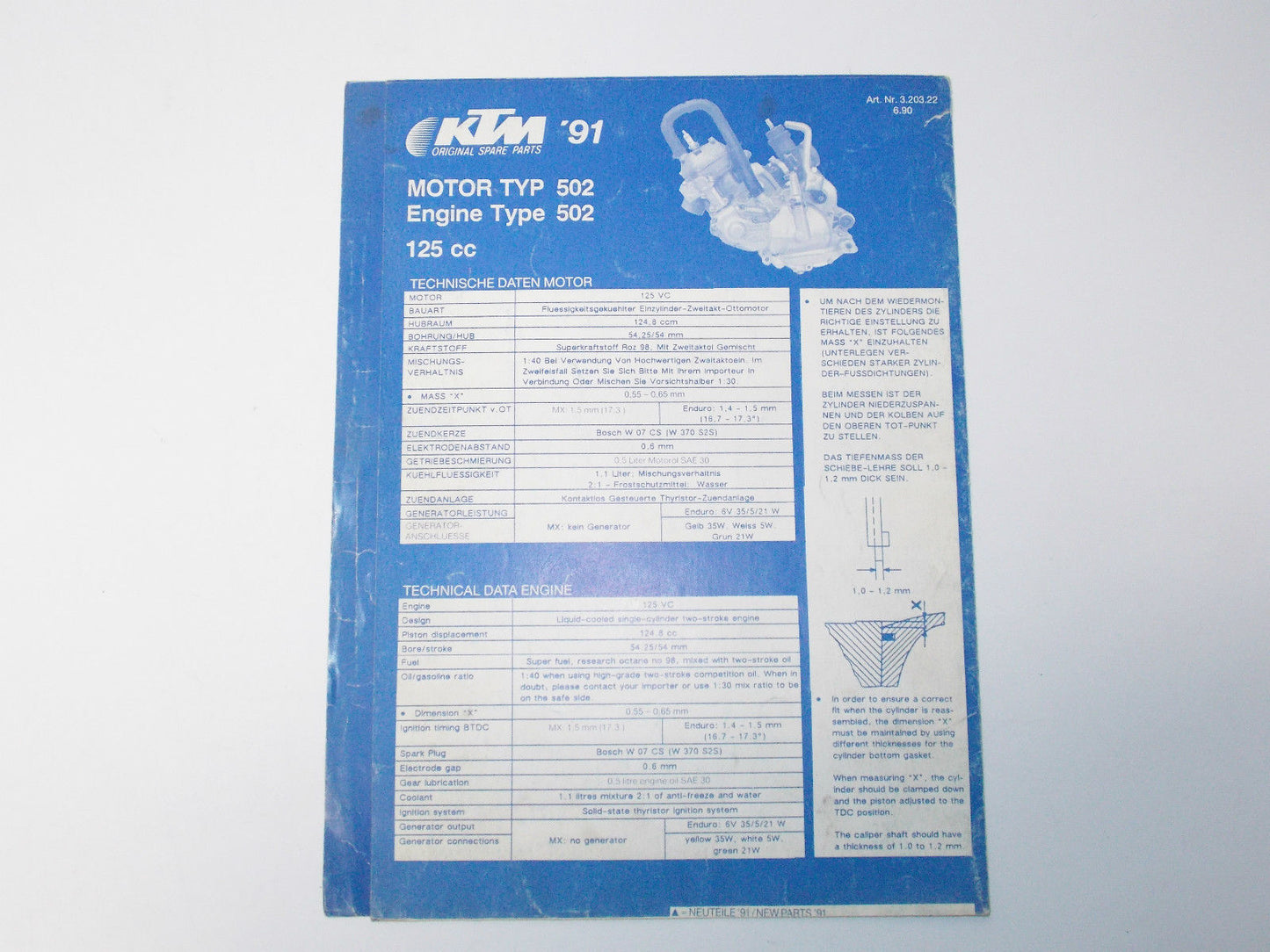 1991 KTM 125CC 502 ENGINE SPARE PARTS POSTER MANUAL MOTOR LIST 3.203.22 - MotoRaider