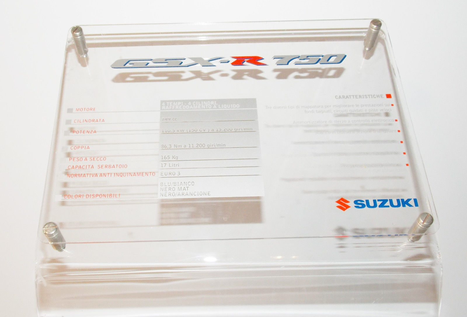 SUZUKI GSXR-750 DEALER SHOWROOM DISPLAY CLEAR PLEXIGAS H35" WITH BROCHURE POCKET - MotoRaider