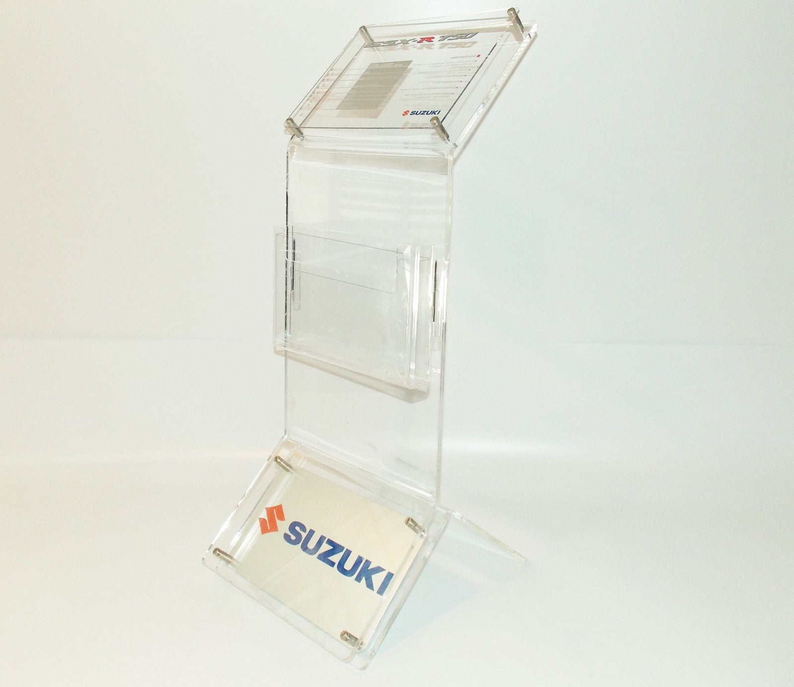 SUZUKI GSXR-750 DEALER SHOWROOM DISPLAY CLEAR PLEXIGAS H35" WITH BROCHURE POCKET - MotoRaider