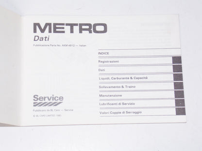1980 AUSTIN MINI METRO OWNER MANUAL BOOK BOOKLET IN ITALIAN - MotoRaider