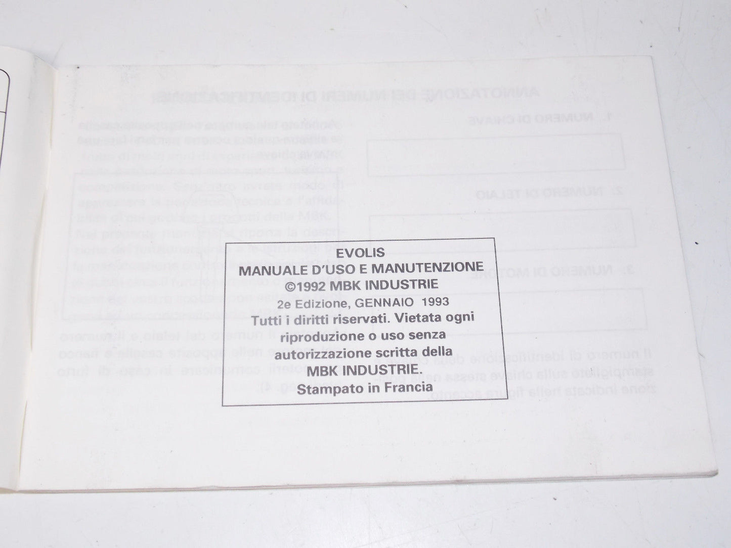 92 MBK YAMAHA EVOLIS SCOOTER OWNER USE MANUAL BOOK BOOKLET ITALIAN 4EF-F8199-W1 - MotoRaider