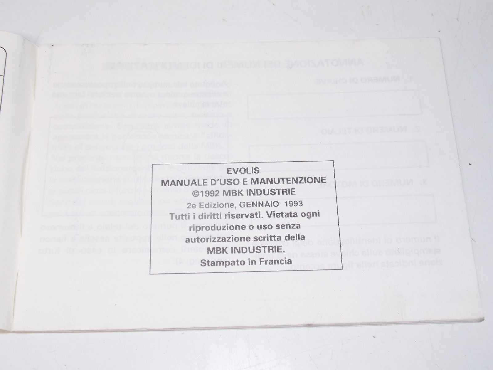 92 MBK YAMAHA EVOLIS SCOOTER OWNER USE MANUAL BOOK BOOKLET ITALIAN 4EF-F8199-W1 - MotoRaider