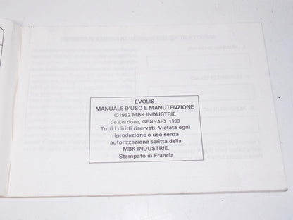 92 MBK YAMAHA EVOLIS SCOOTER OWNER USE MANUAL BOOK BOOKLET ITALIAN 4EF-F8199-W1 - MotoRaider