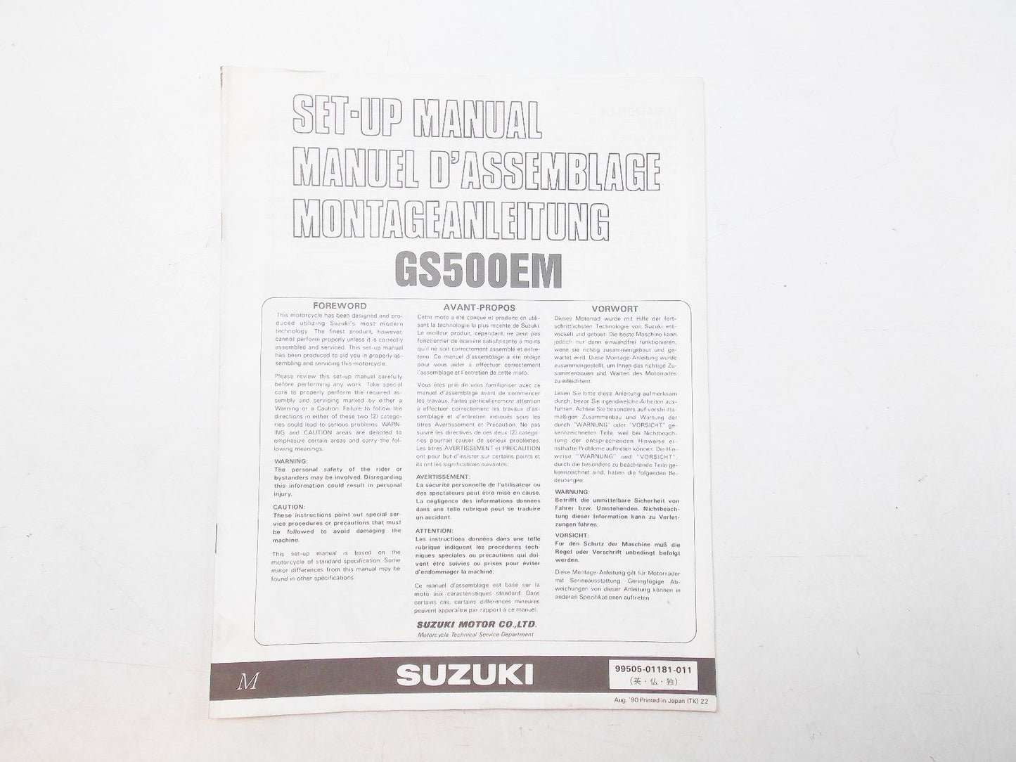 NEW SUZUKI 1990 SET-UP MANUAL GS500 ENGLISH FRENCH GERMAN  99505-01181-011 - MotoRaider