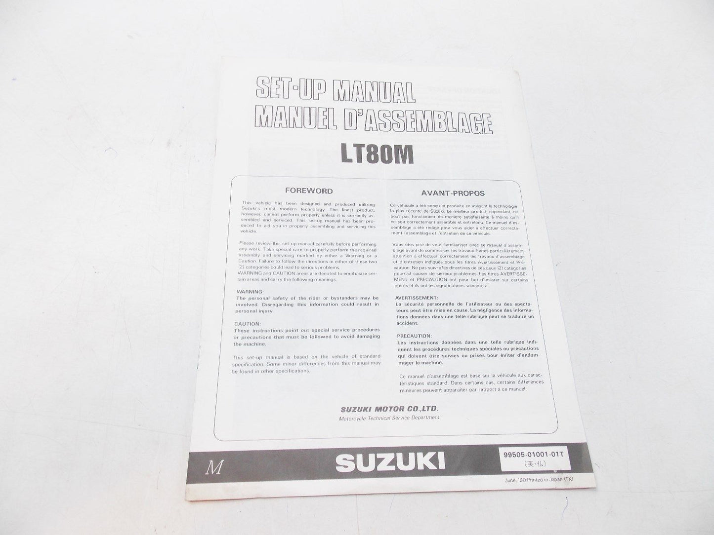 NEW SUZUKI 1990 SET-UP MANUAL LT80  ENGLISH FRENCH   99505-01001-01T - MotoRaider