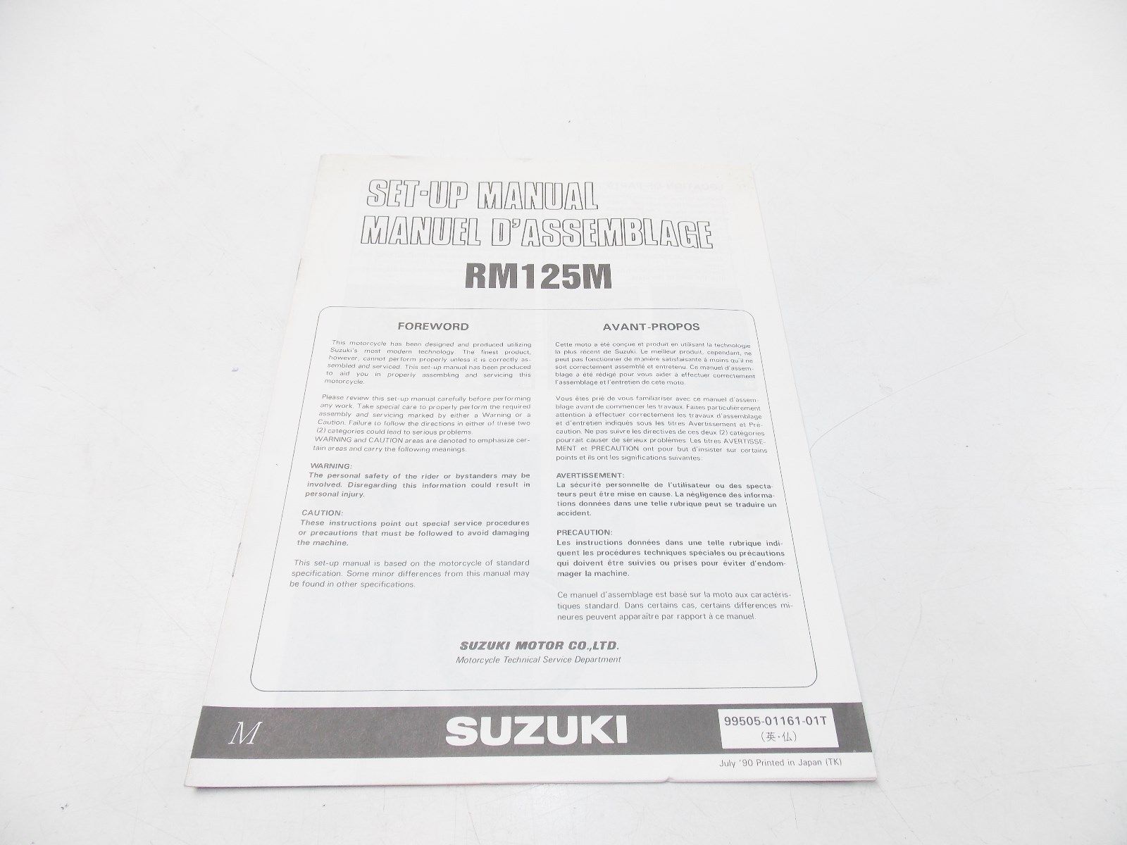 NEW SUZUKI 1990 SET-UP MANUAL BOOK  RMI25 ENGLISH FRENCH  99505-01161-01T - MotoRaider