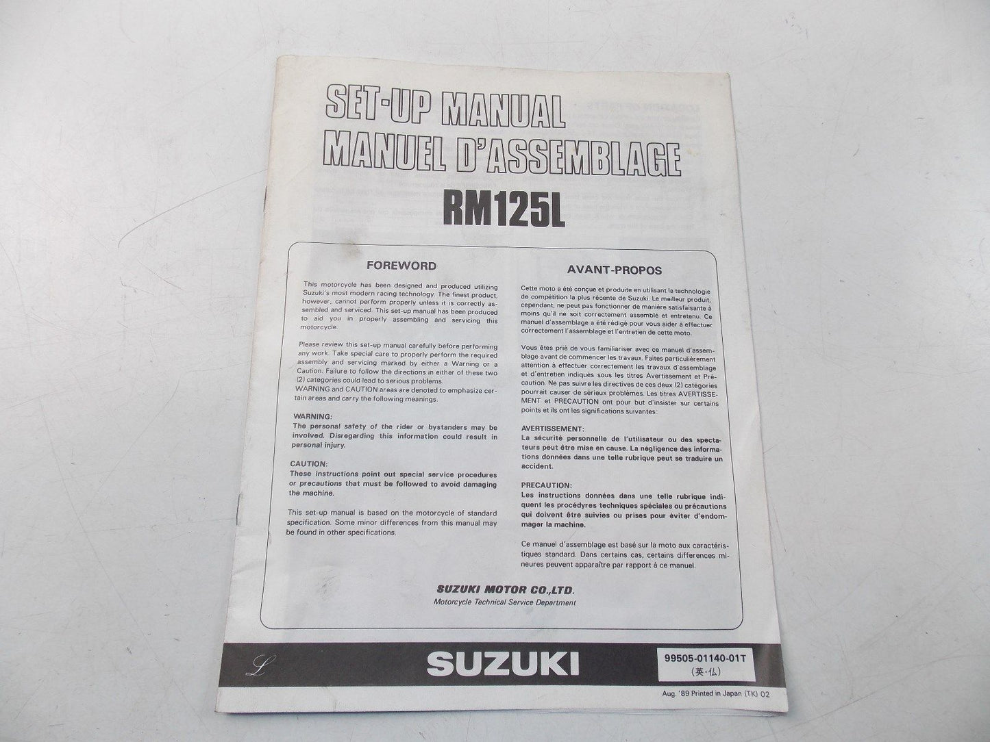 NEW SUZUKI 1989 SETUP MANUAL RM125L ENGLISH FRENCH  99505-01140-01T - MotoRaider