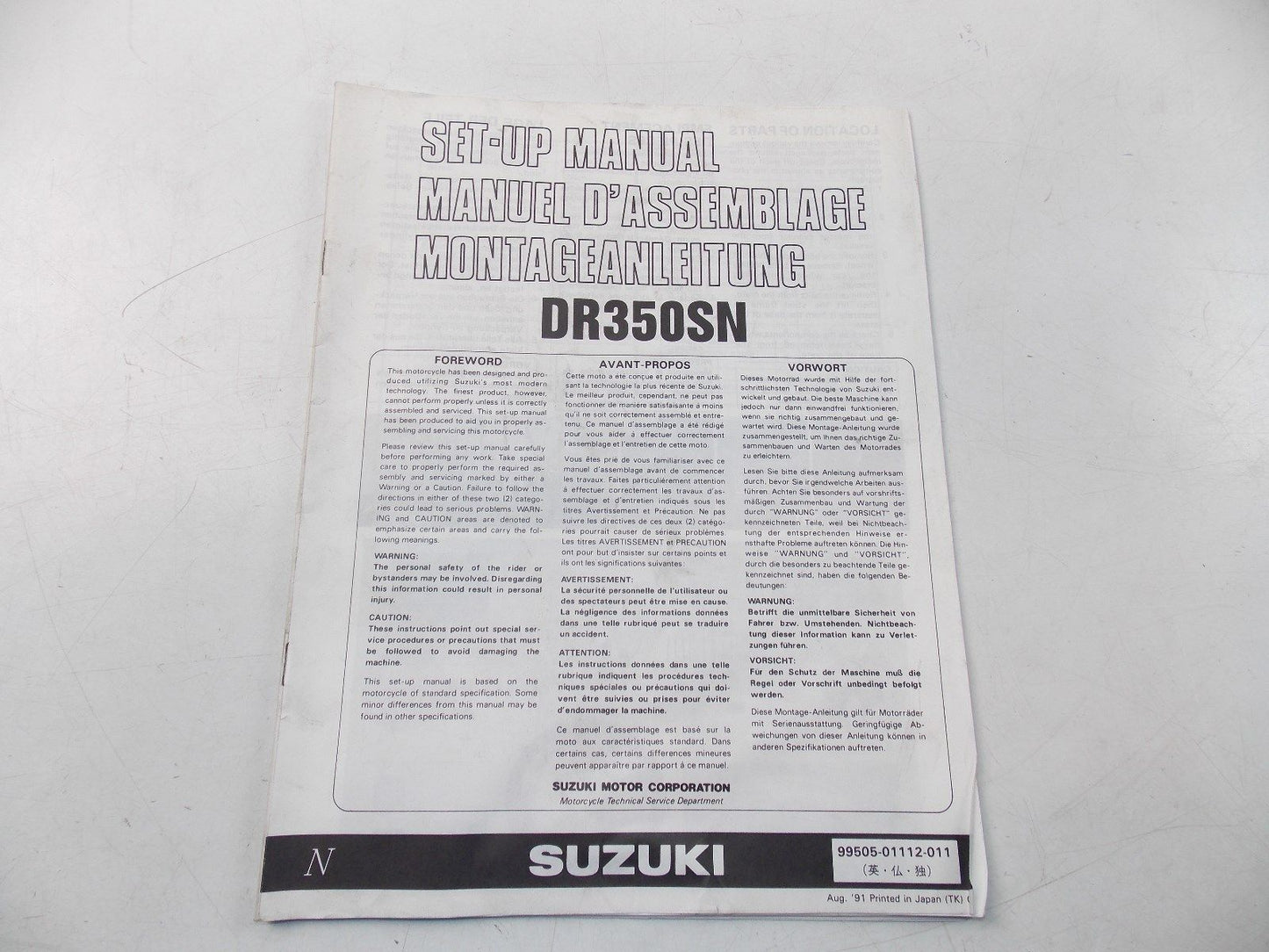 NEW SUZUKI 1991 SETUP MANUAL DR350SN ENGLISH FRENCH GERMAN  99505-01112-011 - MotoRaider
