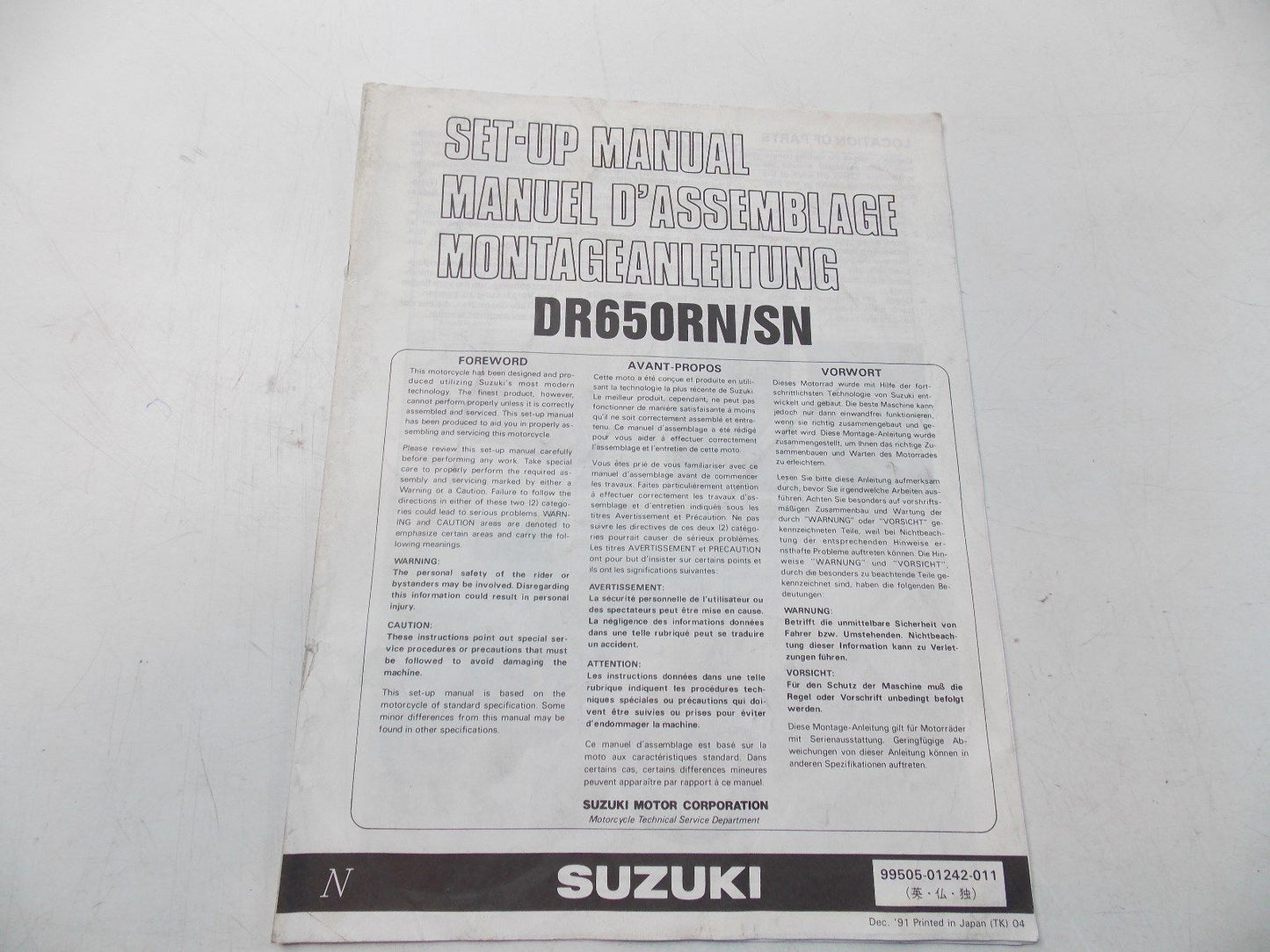 NEW SUZUKI 1991 SETUP MANUAL DR650RN/SN ENGLISH FRENCH GERMAN 99505-01242-011 - MotoRaider