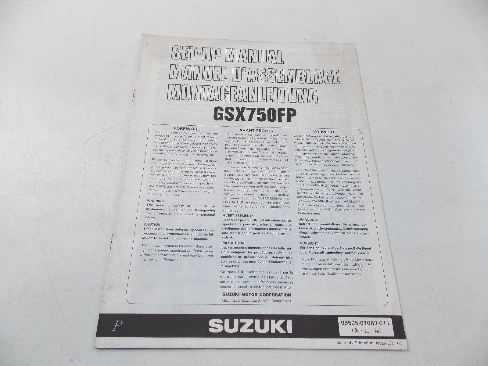 NEW SUZUKI 1992 SETUP MANUAL GSX750FP ENGLISH FRENCH GERMAN 99505-01063-011 - MotoRaider