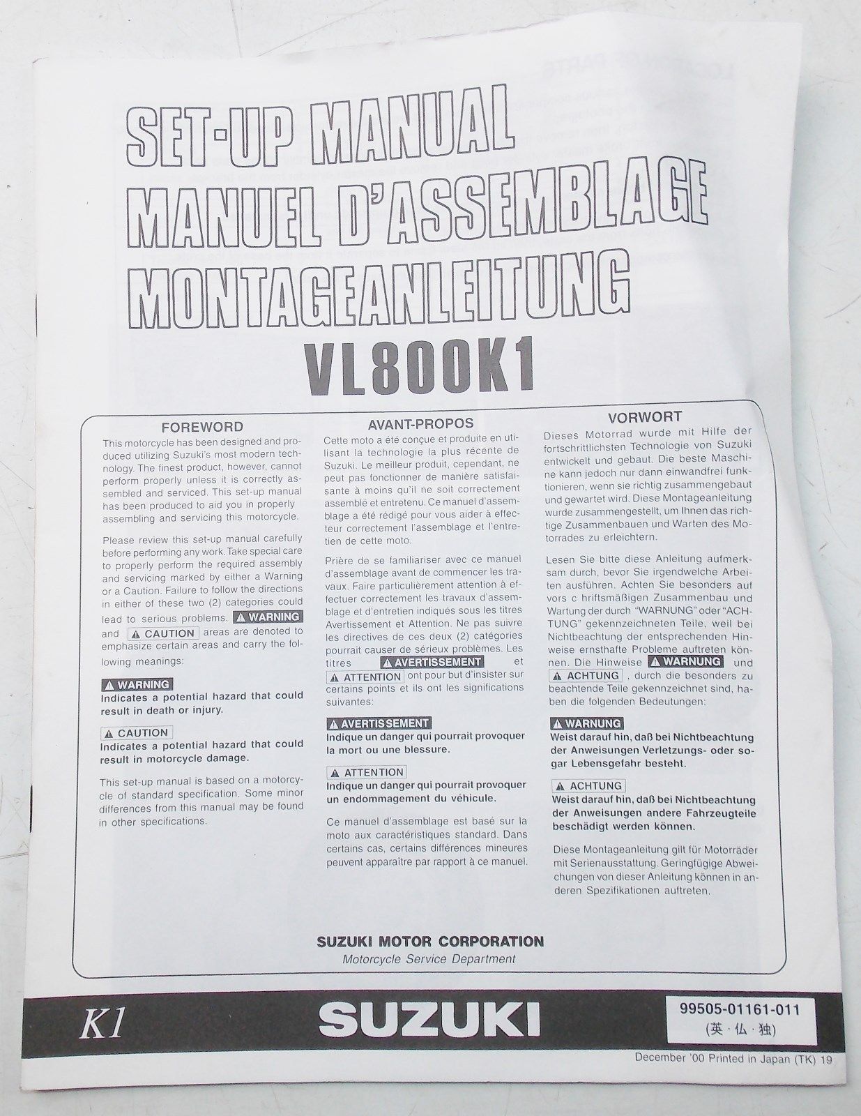 USED SUZUKI 2000 SET-UP MANUAL  VL800K1  99505-01161-011 - MotoRaider