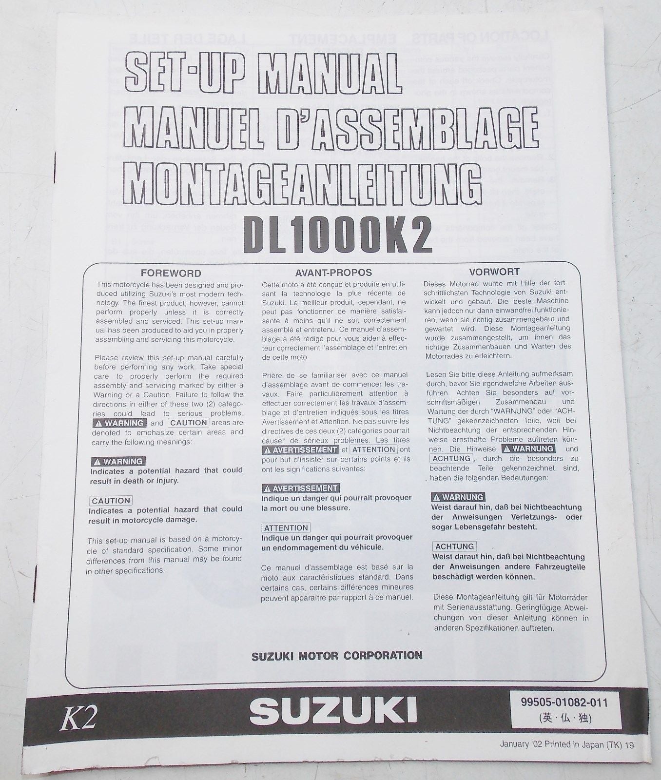 USED SUZUKI 2002  SET-UP MANUAL  DL1000K2   99505-01082-011 - MotoRaider