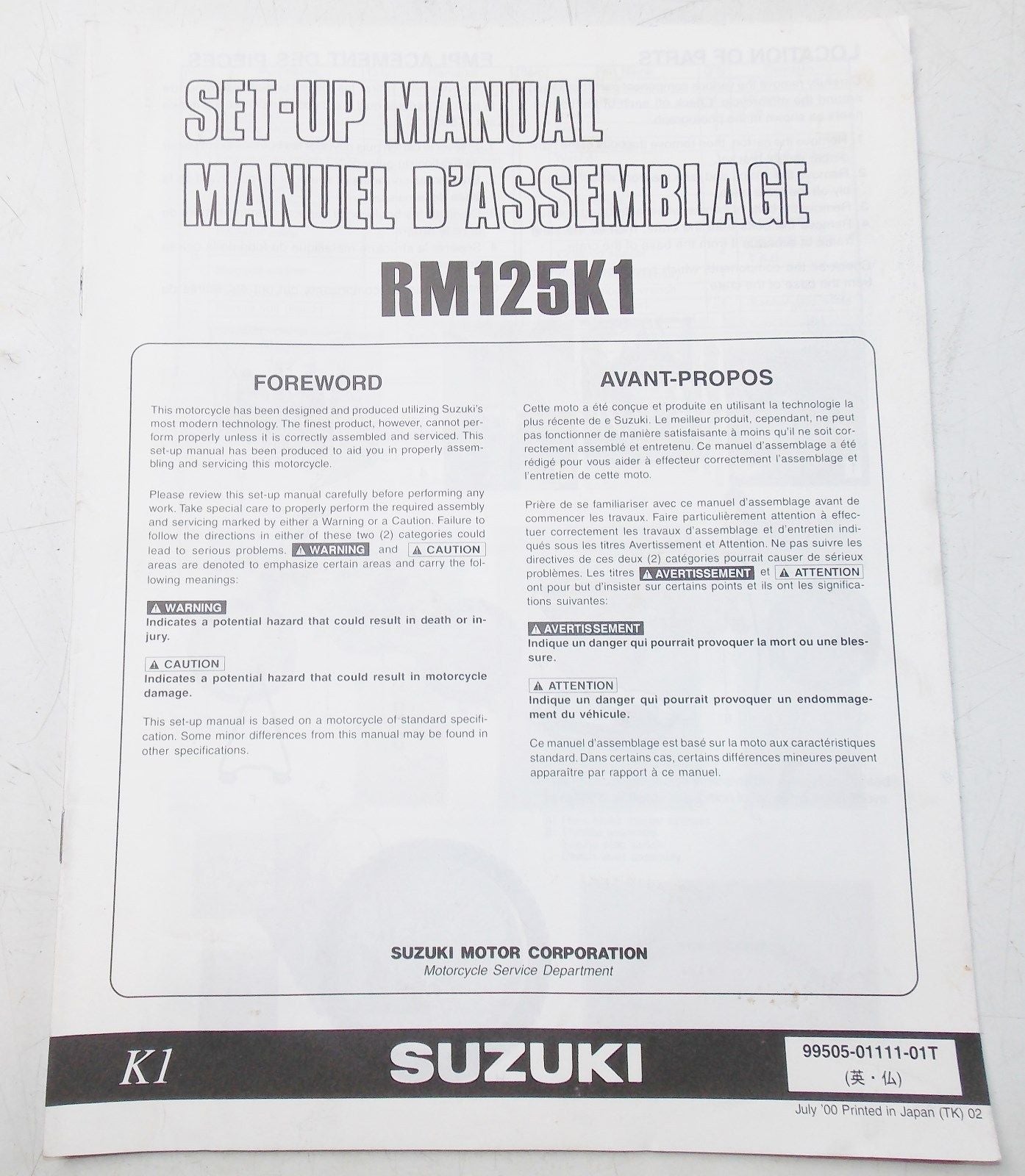 USED SUZUKI 2000  SET-UP MANUAL  RM125K1  99505-01111-01T - MotoRaider