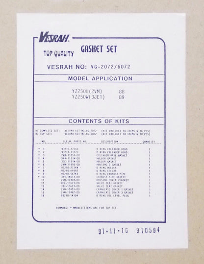 NOS OEM 1988 1989 VESRAH GASKET COMPLETE SET YAMAHA YZ250 VG-2072/6072 GK734 - MotoRaider