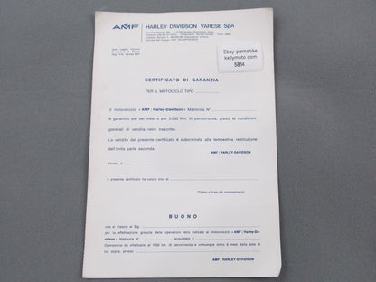 1970's HARLEY DAVIDSON AMF WARRANTY CERTIFICATE ITALIAN - MotoRaider