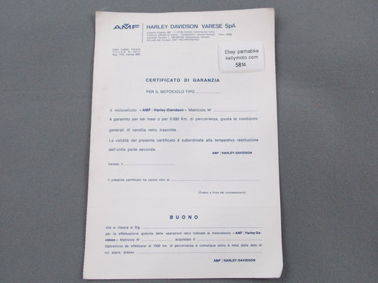 1970's HARLEY DAVIDSON AMF WARRANTY CERTIFICATE ITALIAN - MotoRaider