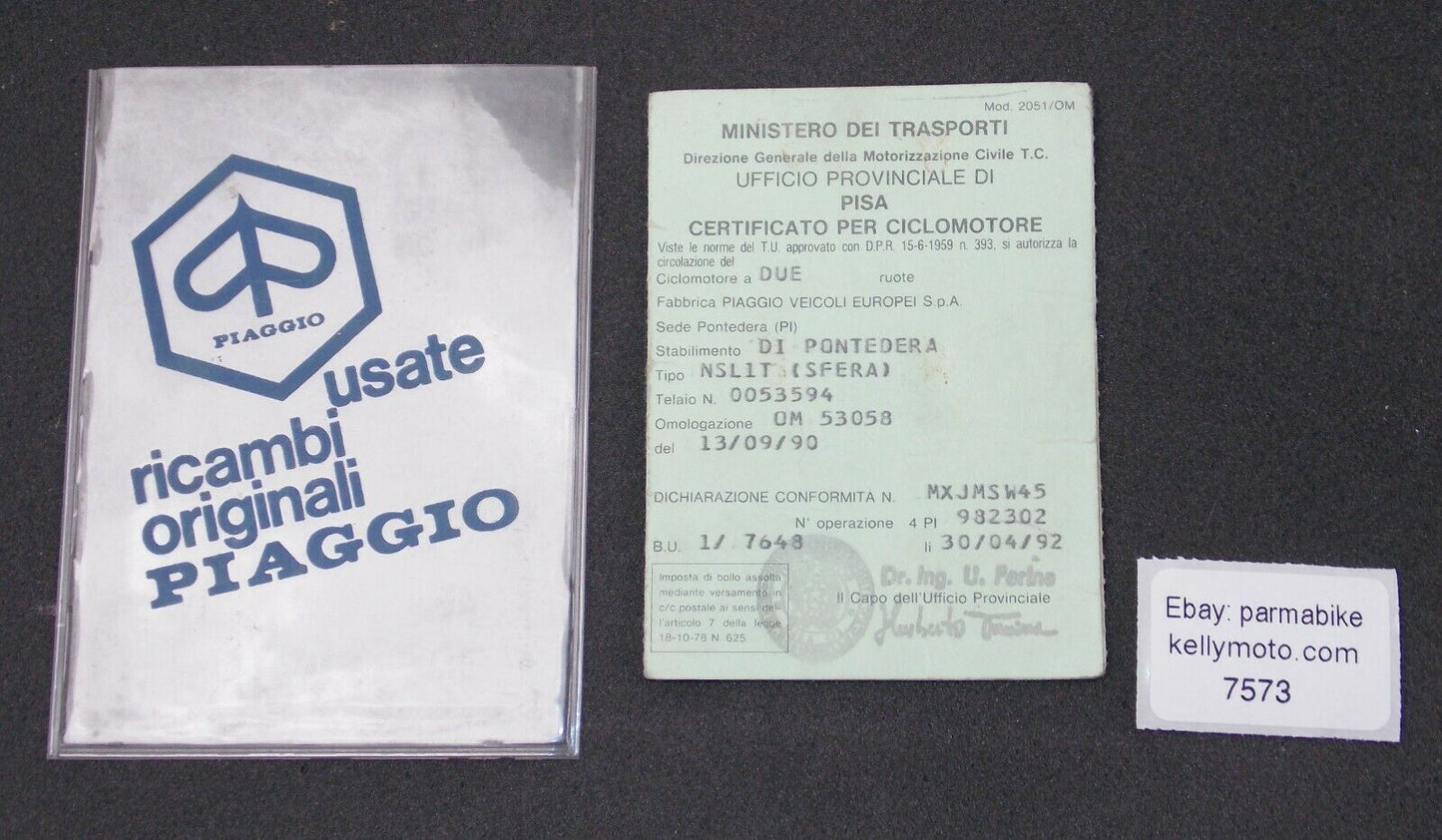 1990 PIAGGIO NSL1T SFERA 50cc SCOOTER MOTORCYCLE CERTIFICATE OF ORIGIN ITALY - MotoRaider