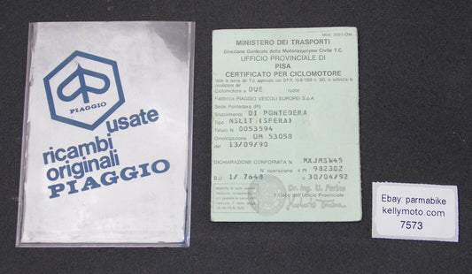 1990 PIAGGIO NSL1T SFERA 50cc SCOOTER MOTORCYCLE CERTIFICATE OF ORIGIN ITALY - MotoRaider