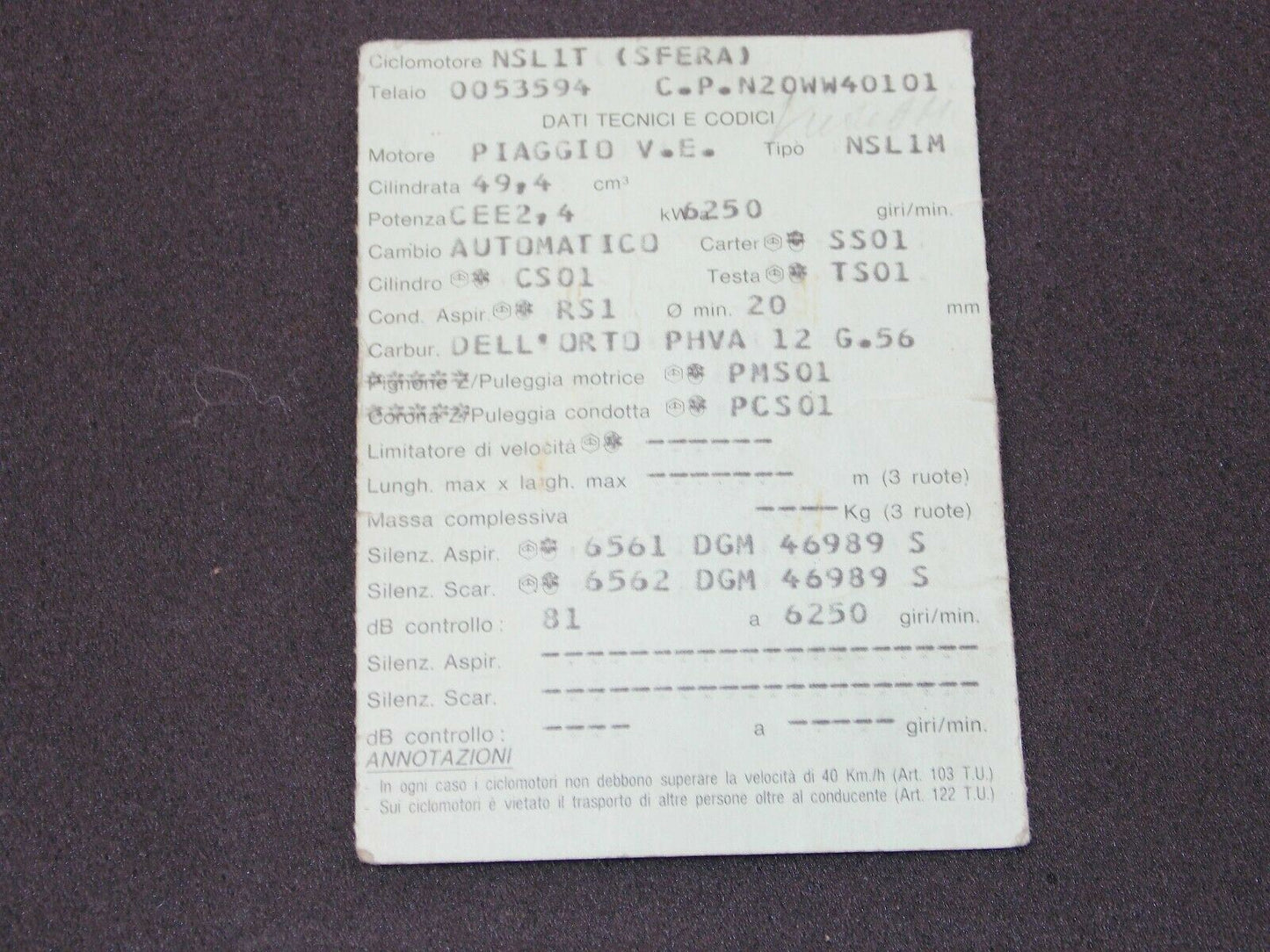 1990 PIAGGIO NSL1T SFERA 50cc SCOOTER MOTORCYCLE CERTIFICATE OF ORIGIN ITALY - MotoRaider