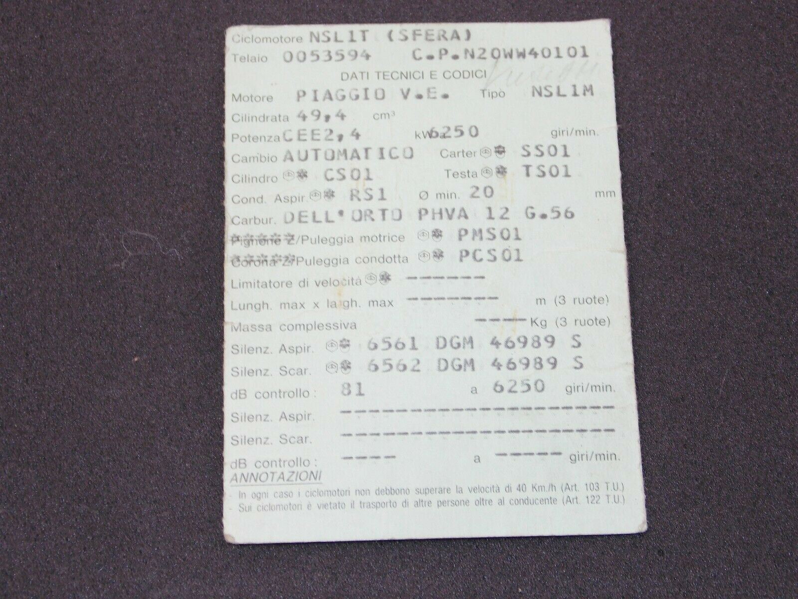 1990 PIAGGIO NSL1T SFERA 50cc SCOOTER MOTORCYCLE CERTIFICATE OF ORIGIN ITALY - MotoRaider