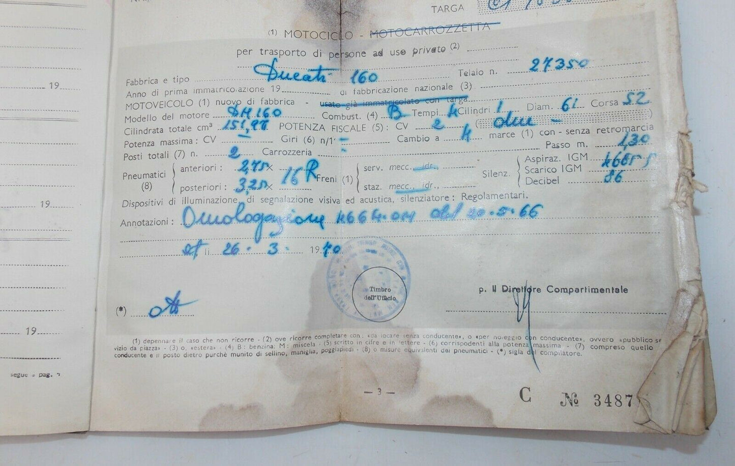 1971 DUCATI 160 MONZA OWNERSHIP CERTIFICATE BOOK ORIGINAL ITALIAN DOCUMENT - MotoRaider