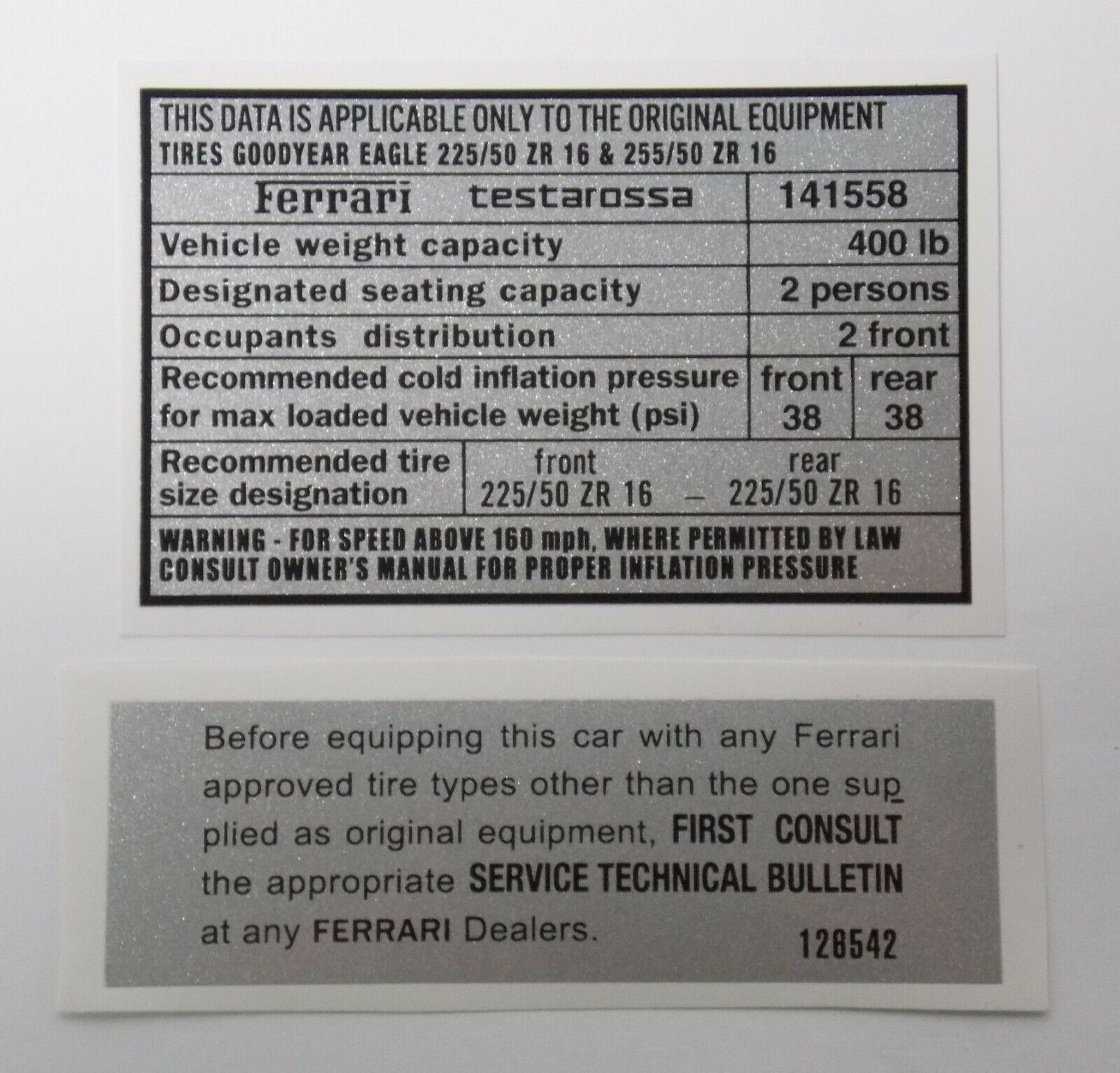 1986-90 FERRARI TESTAROSSA TIRE INFLATION SIZE LABEL STICKER DECAL 141558 128542 - MotoRaider