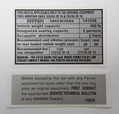 1986-90 FERRARI TESTAROSSA TIRE INFLATION SIZE LABEL STICKER DECAL 141558 128542 - MotoRaider