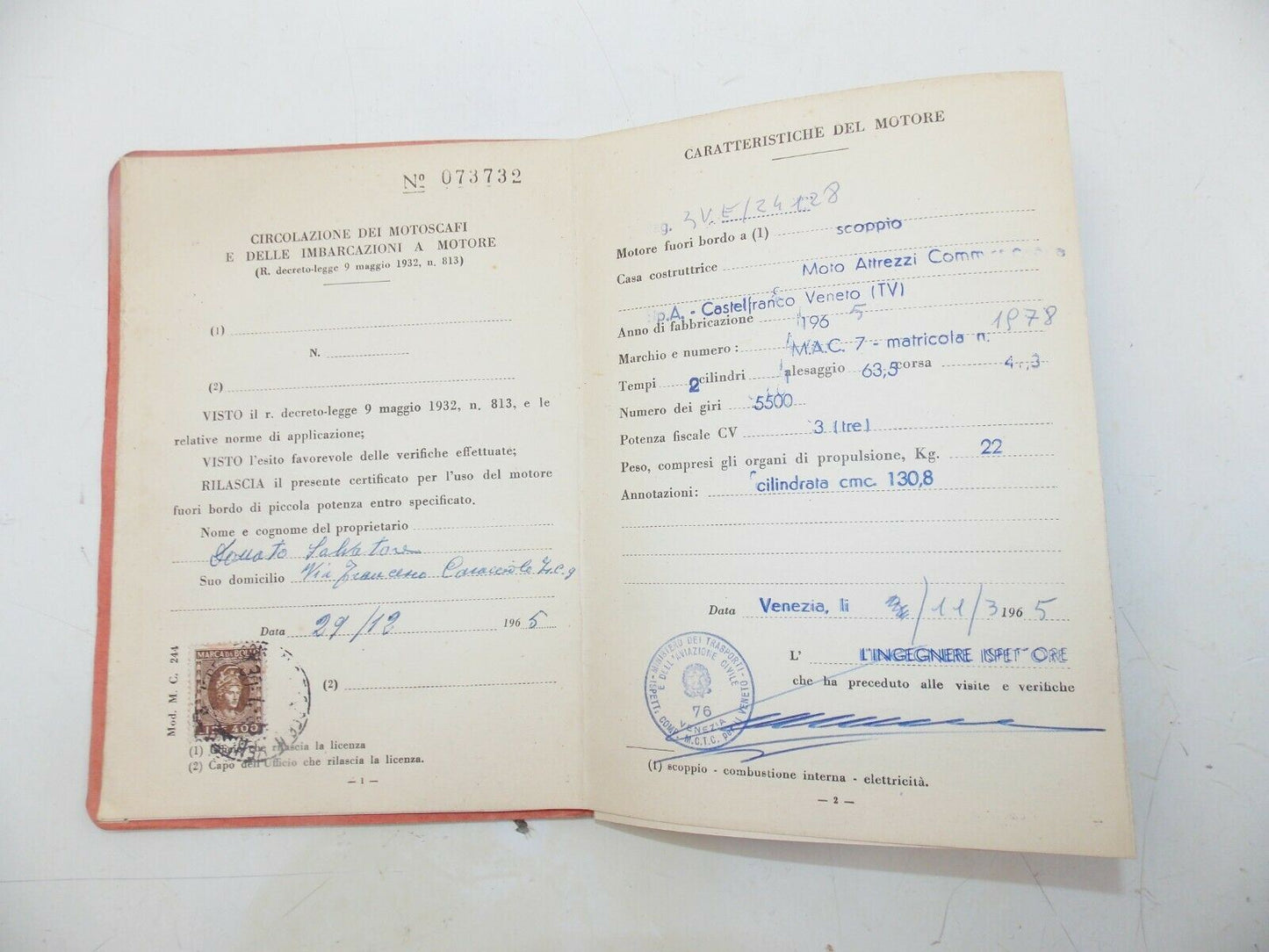 1965 MAC7 6HP 131cc BOAT MOTOR REGISTRATION BOOK+CERTIFICATE OF ORIGIN - MotoRaider