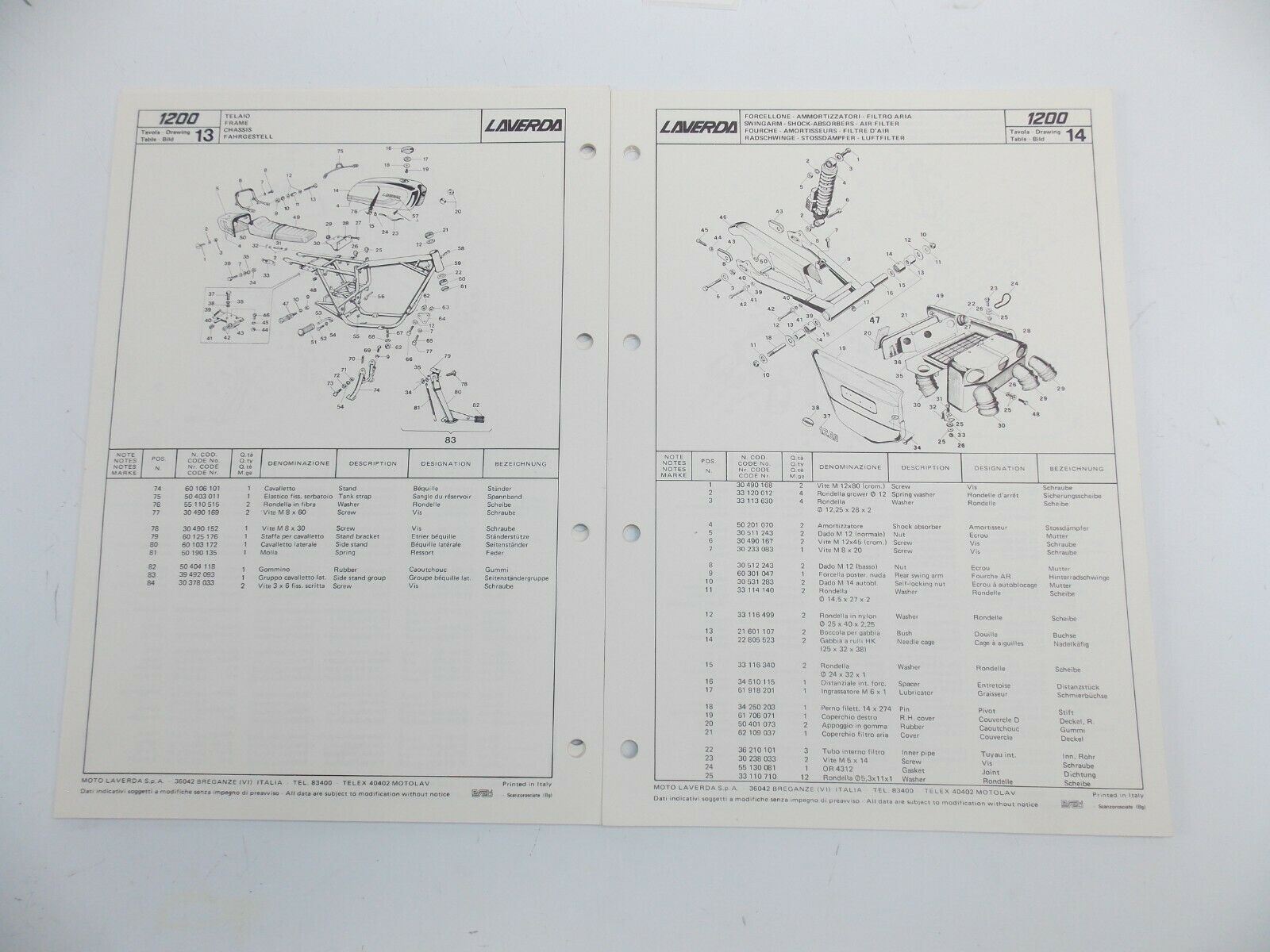 OEM 1970's LAVERDA 1200cc PARTS MANUAL DIAGRAM BOOK MOTOR CHASSIS ITALIAN - MotoRaider