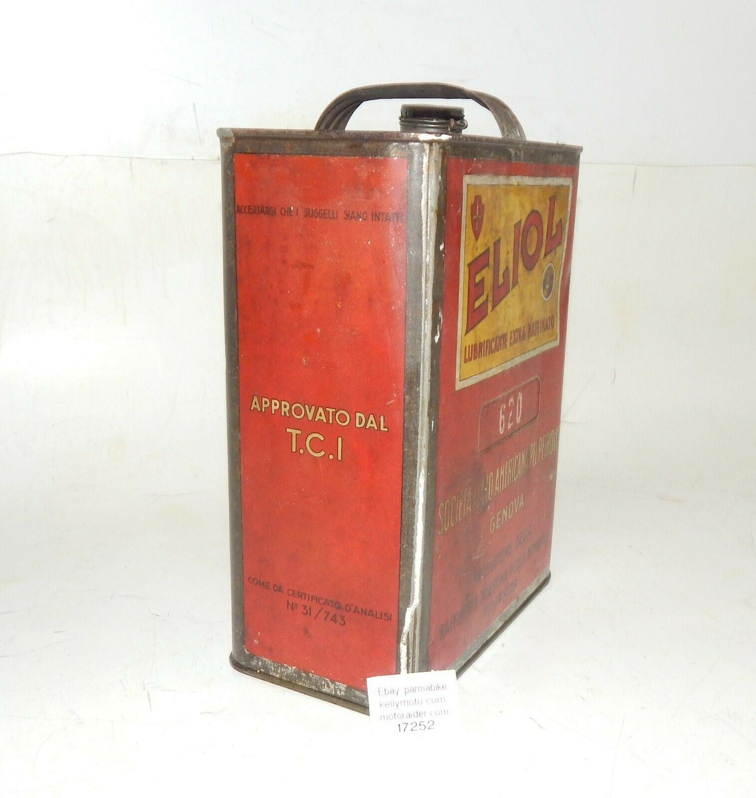 1950's ELIOL MOTOR OIL CAN CONTAINER 1 GAL TIN 10x7.5x4" TRIESTE ITALY VINTAGE - MotoRaider