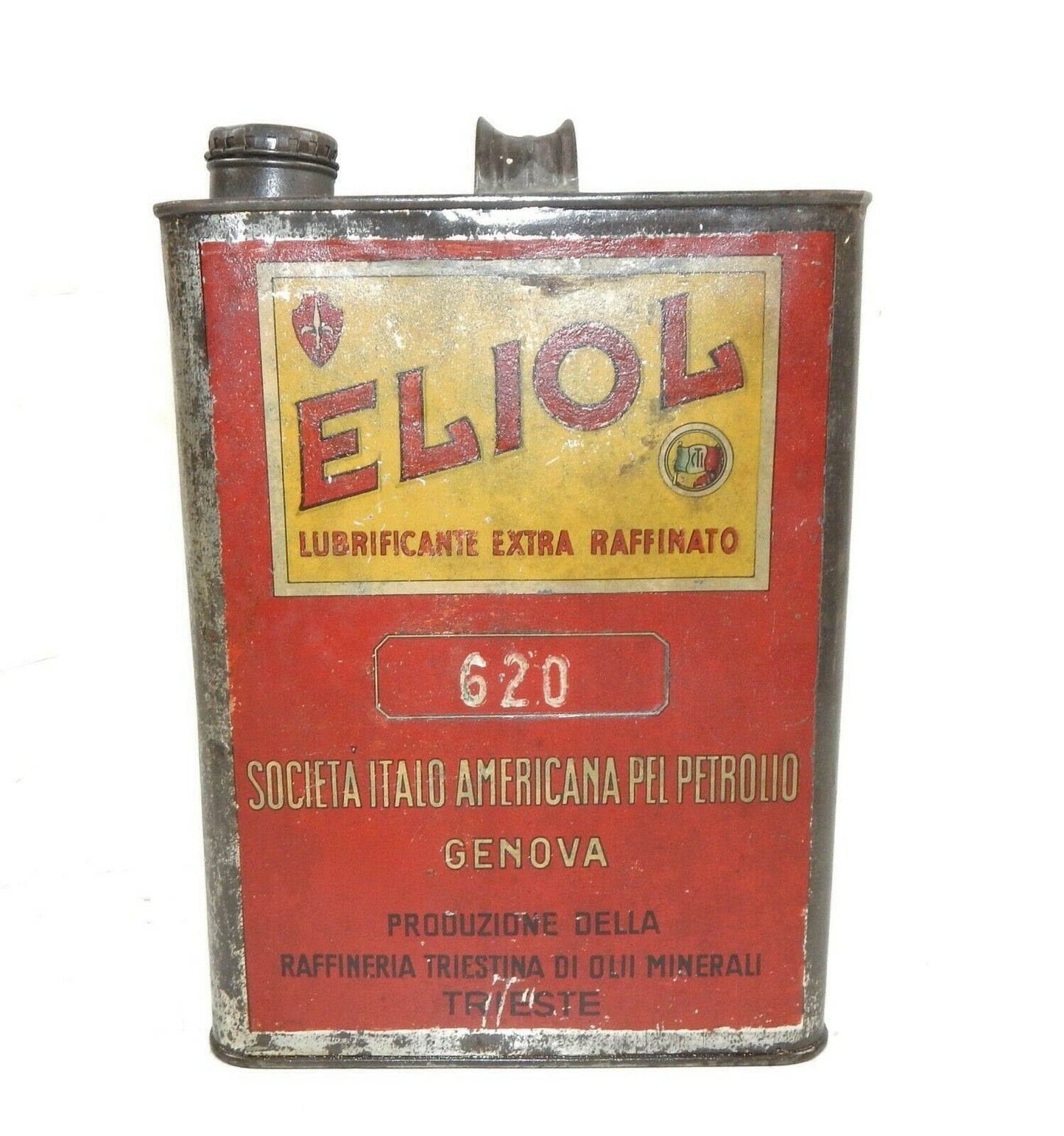 1950's ELIOL MOTOR OIL CAN CONTAINER 1 GAL TIN 10x7.5x4" TRIESTE ITALY VINTAGE - MotoRaider