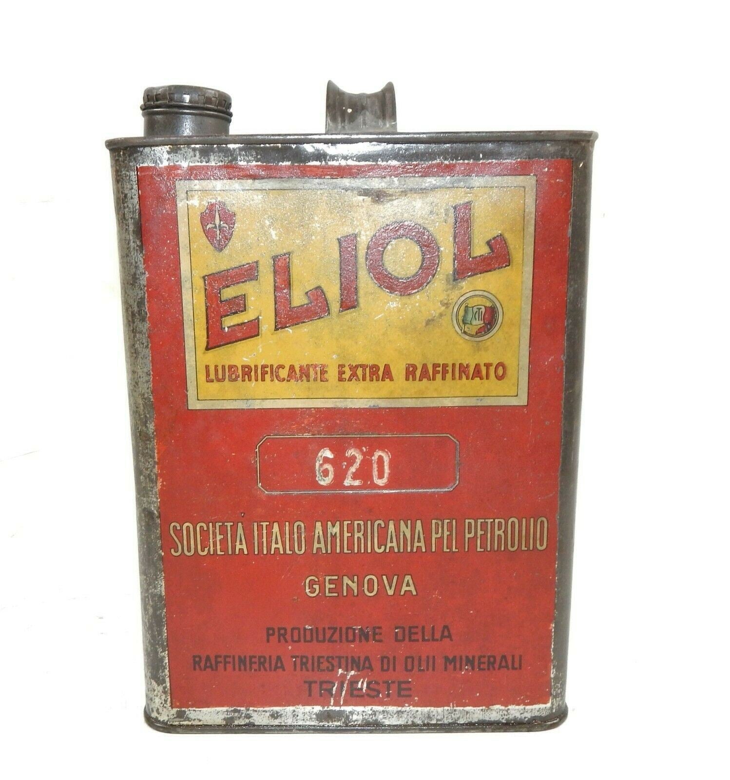 1950's ELIOL MOTOR OIL CAN CONTAINER 1 GAL TIN 10x7.5x4" TRIESTE ITALY VINTAGE - MotoRaider