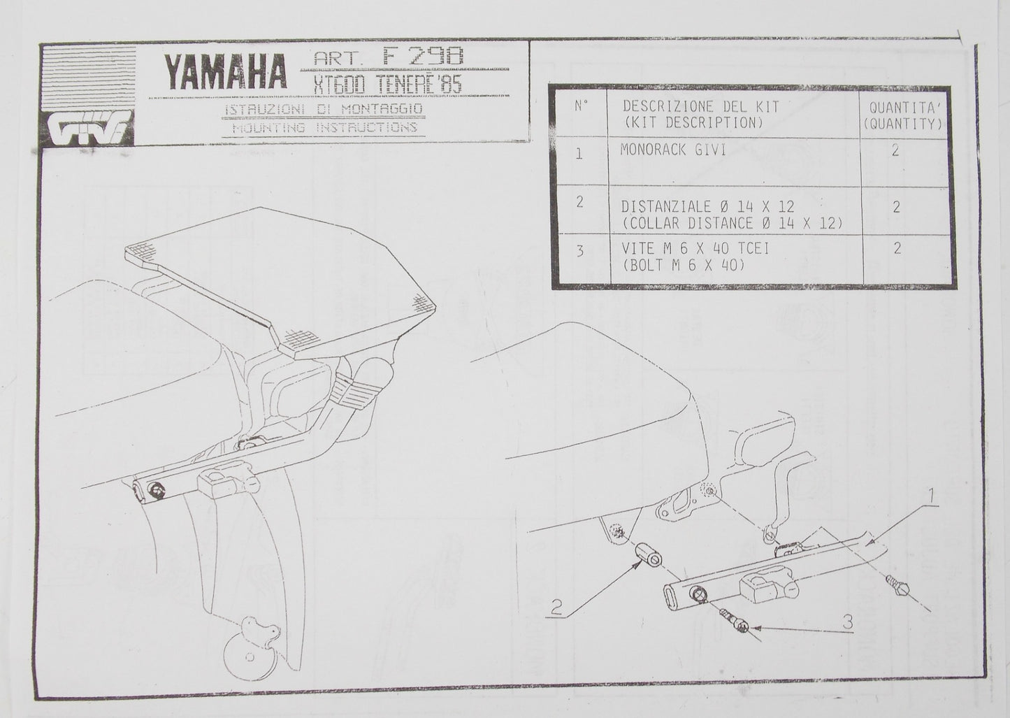 GIVI YAMAHA 1985 XT 600 TENERE LUGGAGE CARRIER MONORACK MOUNTING PLATE KIT F 298 - MotoRaider