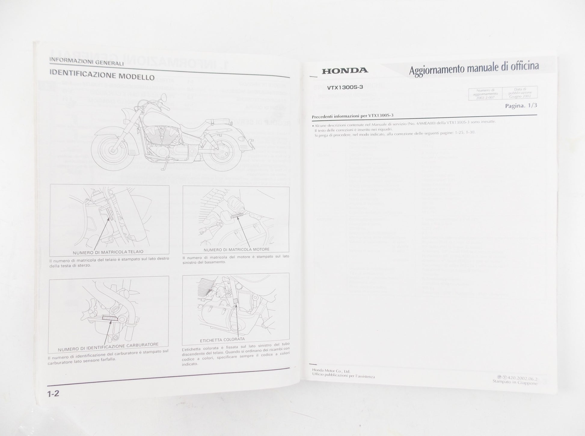 HONDA VTX1300S3 WORKSHOP MANUAL REPAIR MECHANICAL SERVICE BOOK ITALIAN - MotoRaider