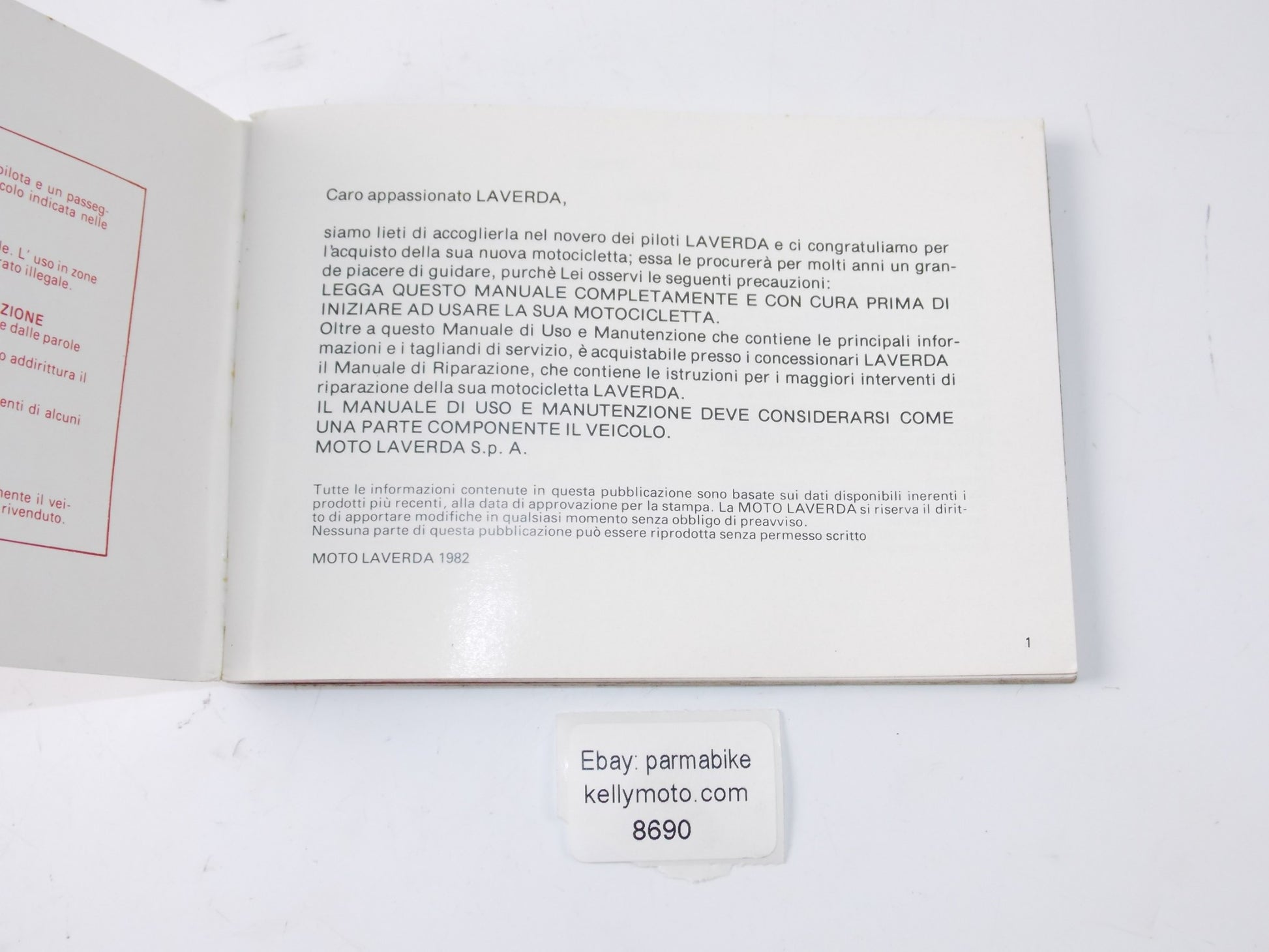 1982 LAVERDA 1000 RGS "SCHEDULED WARRANTY AND MAINTENANCE" MANUAL BOOK ITALIAN - MotoRaider