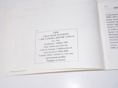 1990 MBK YAMAHA CR50 SCOOTER OWNER USE MANUAL BOOK BOOKLET ITALIAN 3GF-F8199-W4 - MotoRaider