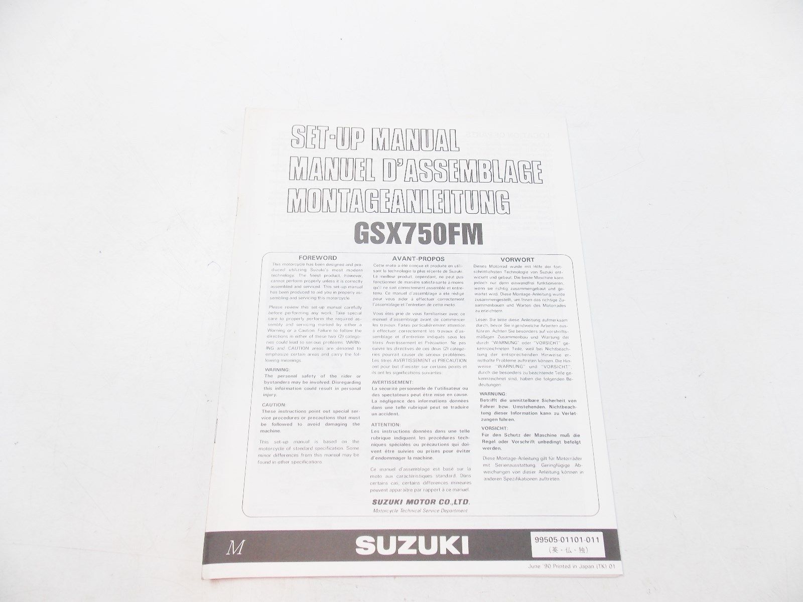 NEW SUZUKI 1990 SET-UP MANUAL GSX750 ENGLISH FRENCH GERMAN 99505-01101-011 - MotoRaider