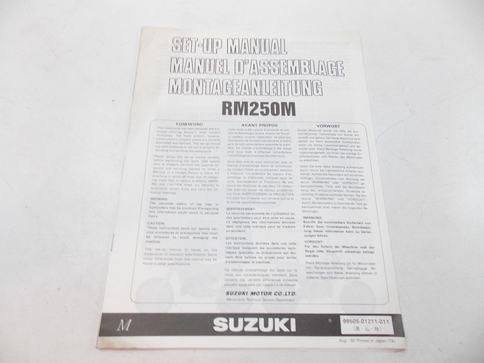 NEW SUZUKI 1990 SET-UP MANUAL RM250 ENGLISH FRENCH GERMAN  99505-01211-011 - MotoRaider